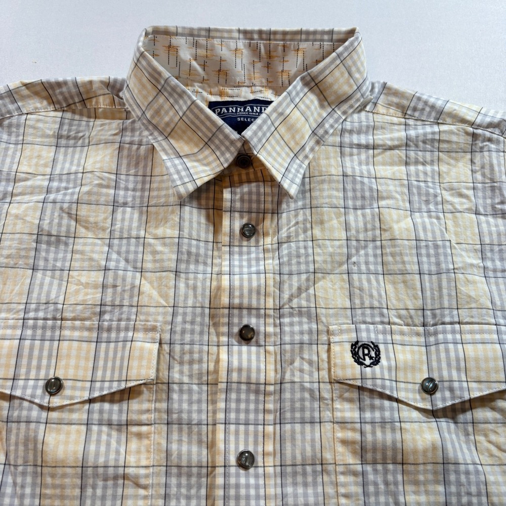 Panhandle Select Western Shirt Mens Large‎ Yellow Grey Plaid Cotton Pearl Snap